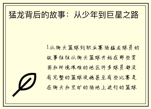猛龙背后的故事：从少年到巨星之路